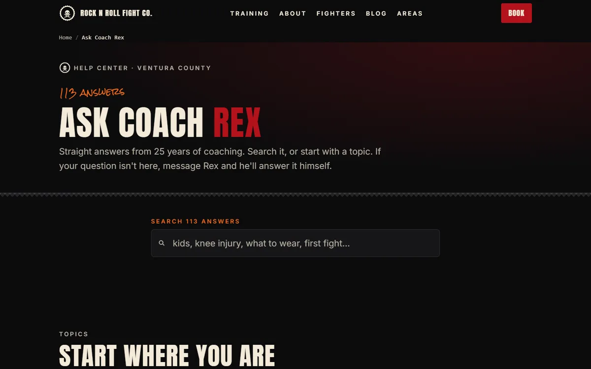 Help center page on the gym website with a search box over 113 answers