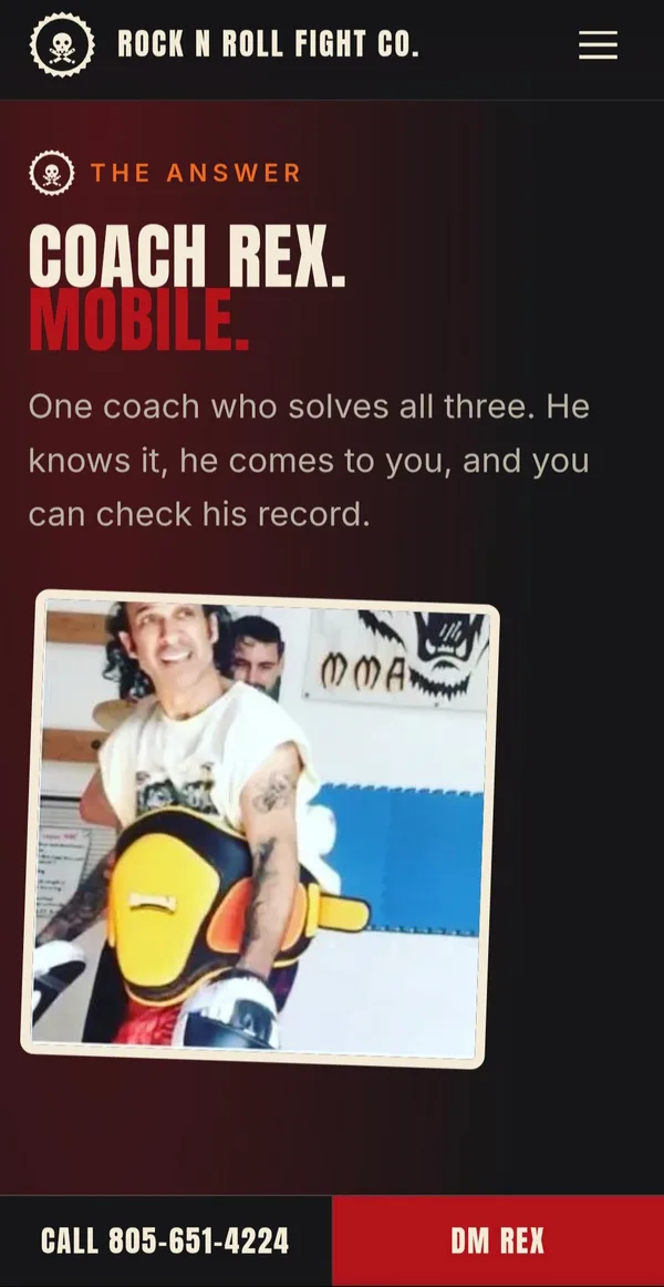 The gym website on a phone: the coach section with a framed photo and a sticky call and message bar
