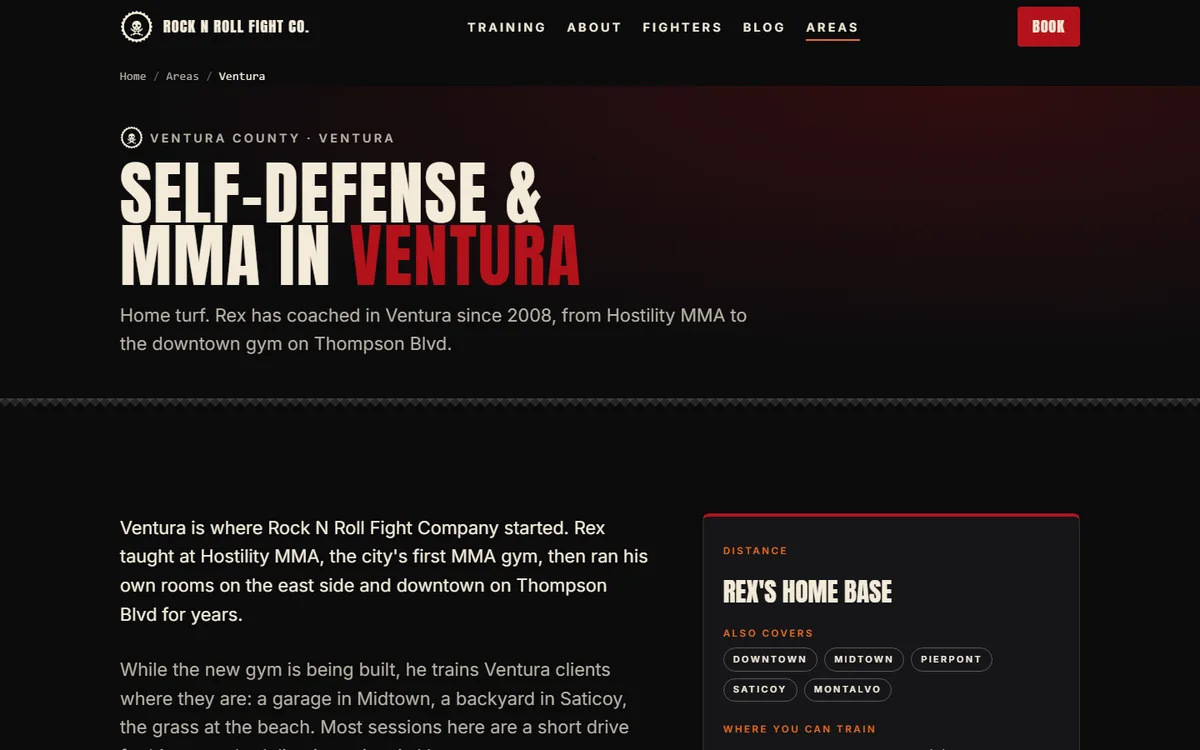 Ventura city page on the gym website with local copy and a neighborhoods panel